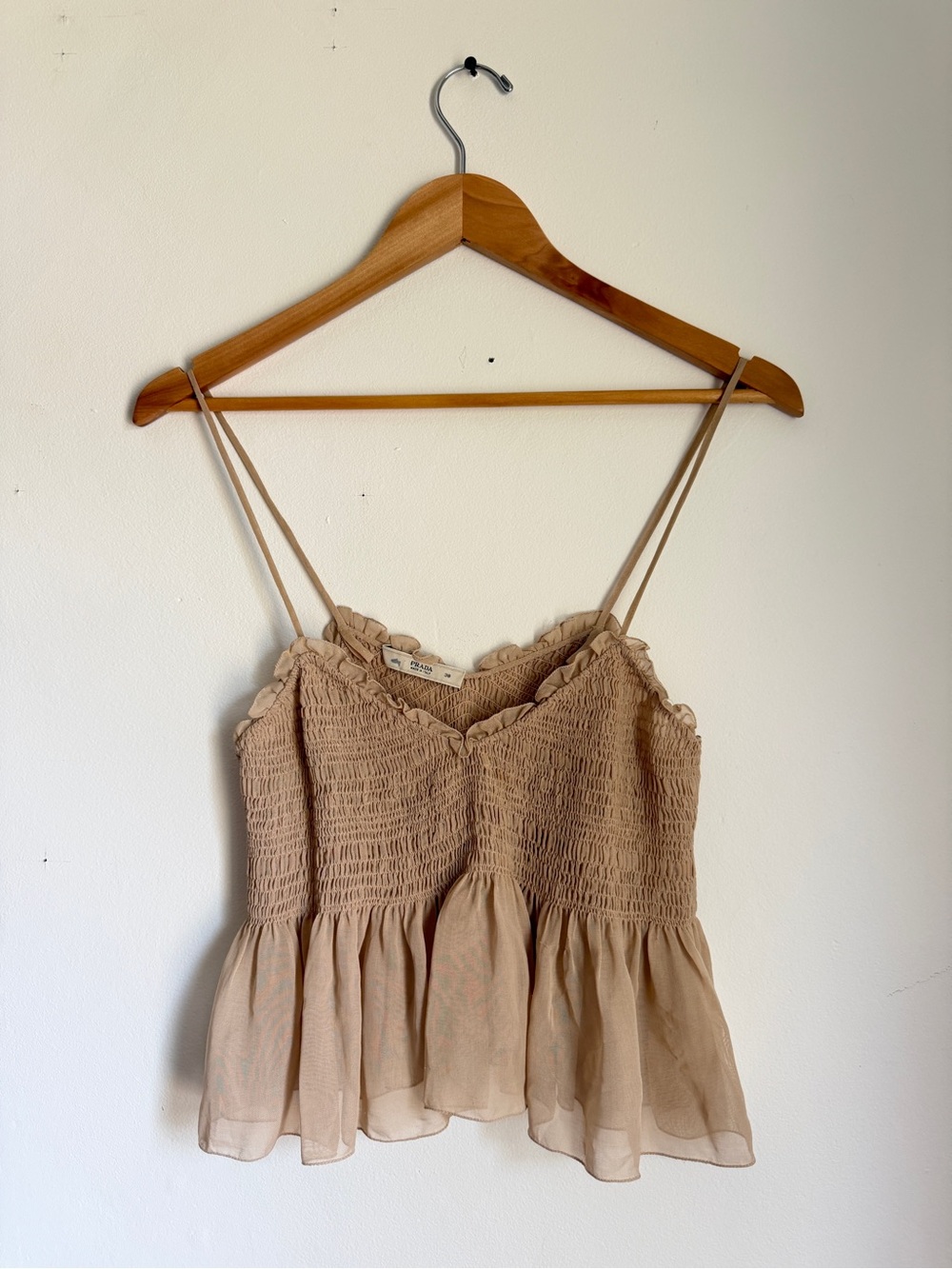 VIntage Prada Y2K Beige Silk Smocked Spaghetti Strap Camisole